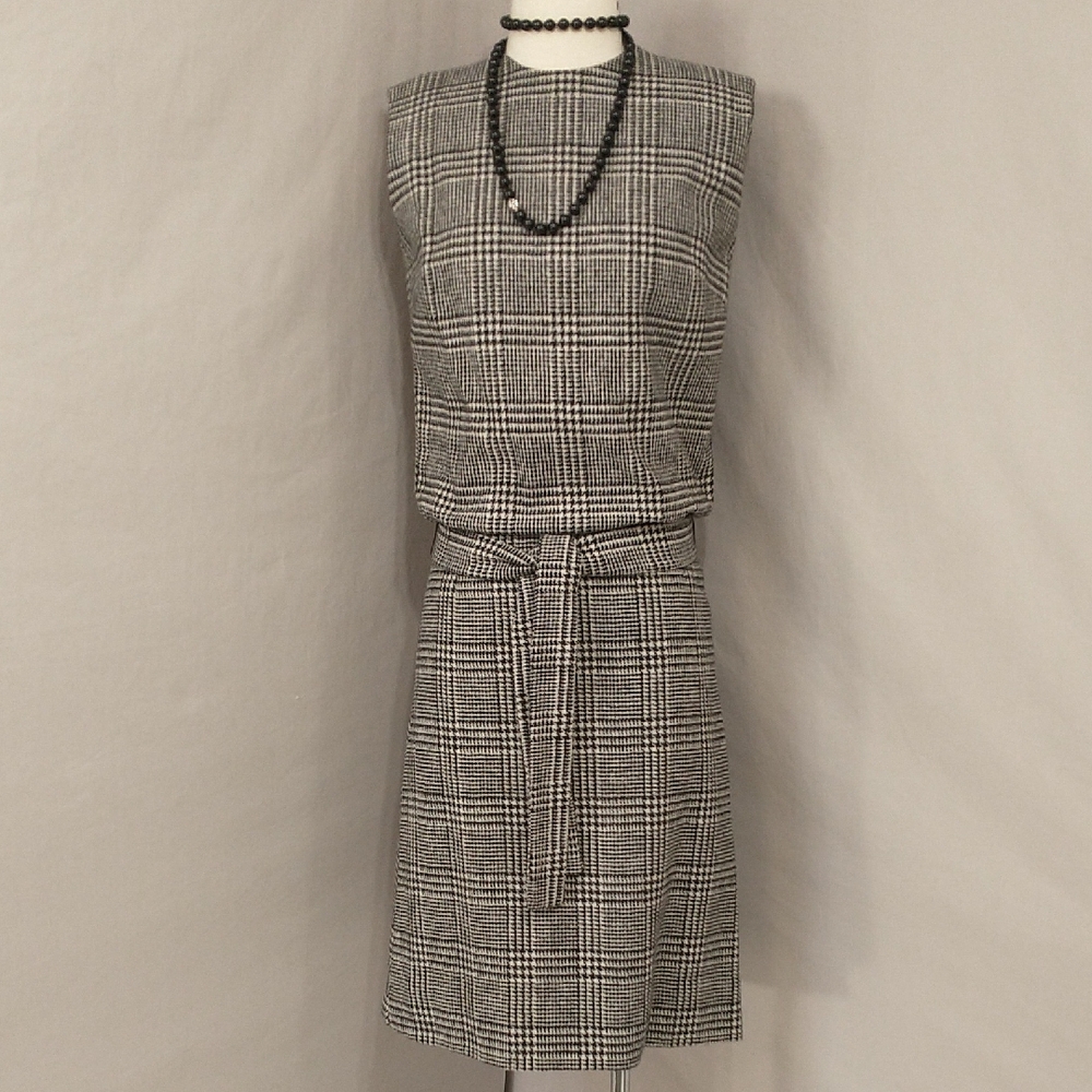 Vintage 60s Plaid Wool Low Drop Waist Jumper Sleeveless Dress 70s Black & White